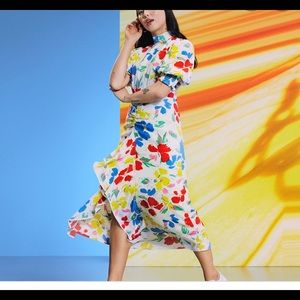 Floral Mock Neck Cascade Ruffle Dress